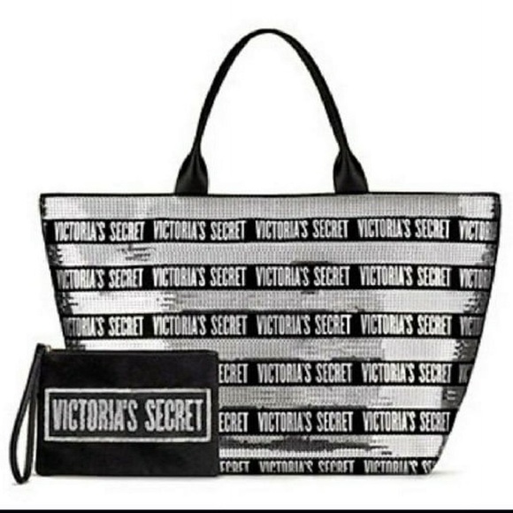 Victoria's Secret Tote Bag 2 Piece Set Black With Silver Sequins Rare - Picture 1 of 10